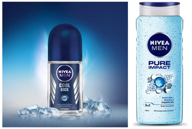 NIVEA Men Roll-On Deodorant, Cool Kick, 50ml And NIVEA Men Pure Impact Shower Gel, 500ml, Hair, Face & Body Wash